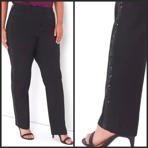 NEW! LANE BRYANT Women's Black Flat Front Sequin Side Trim Tuxedo Style Pants 20